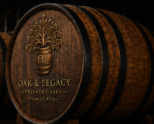Oak whisky cask with Oak & Legacy branding